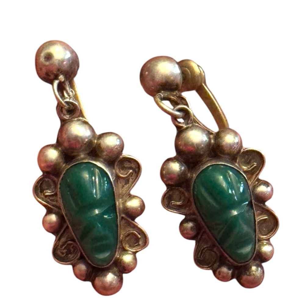 Elegant Vintage Sterling silver 925 Green onyx Aztec Stone Earrings